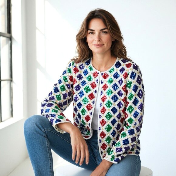 Patra Jackets & Blazers - vintage PATRA Diamond shape Sequiend all over Sparkling Jacket sz 16